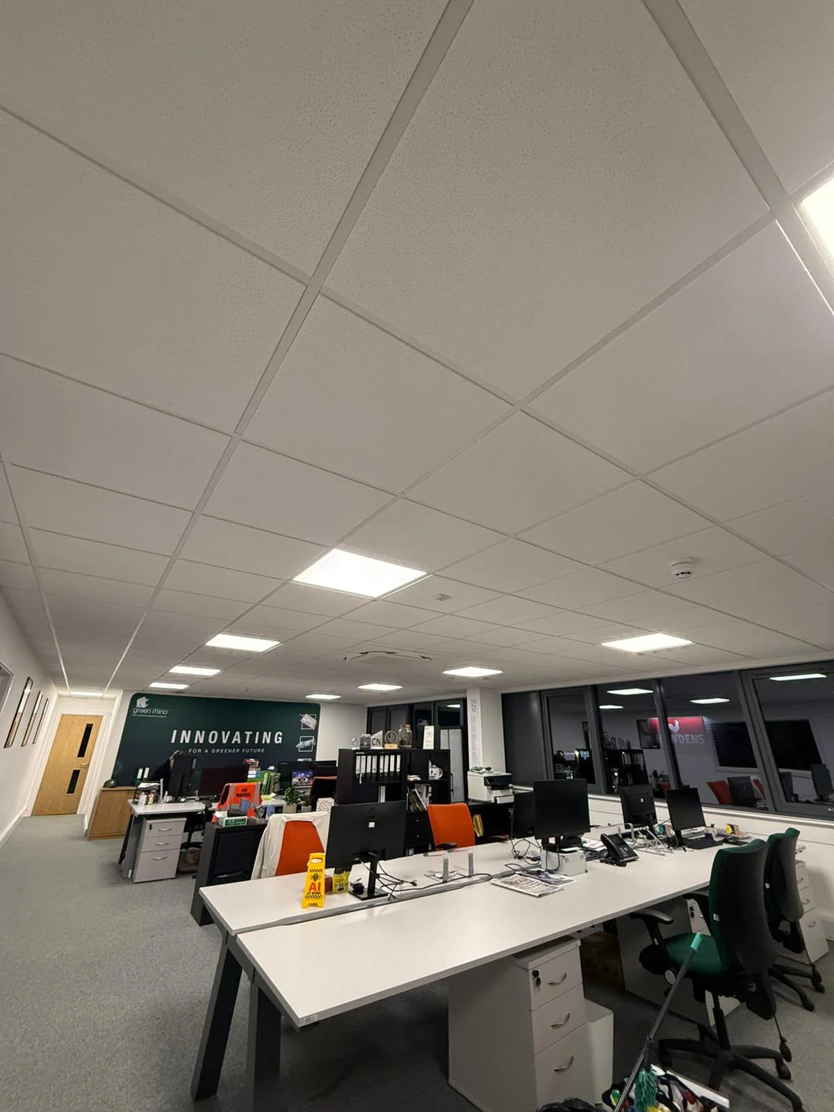 Clean open-plan office workspace